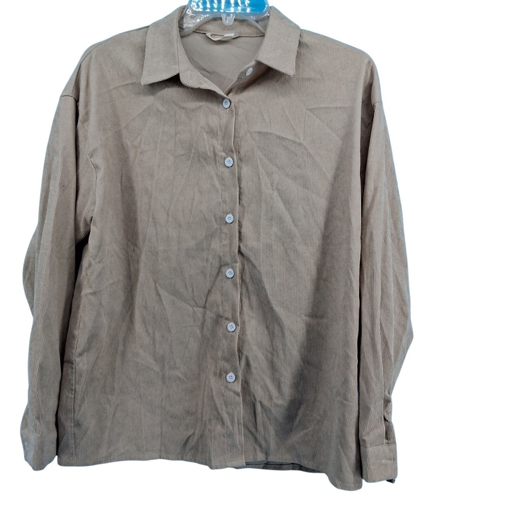 Romwe Button Down Shirt Shacket Women Medium US 6 Tan Long Sleeve